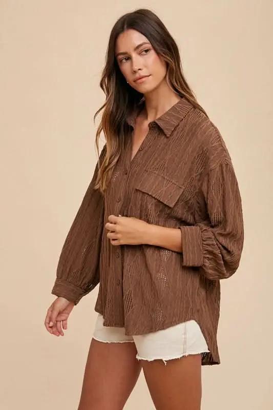 Openwork Drop Shoulder Button-Up Shirt by Annie Wear - Love Salve